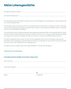 Formular zur Lebensgeschichte eines Patienten, das Informationen für die Pflege und Betreuung sammelt, mit Platz für persönliche Angaben und Unterschrift.