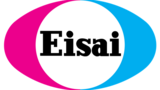 Logo von Eisai, bestehend aus einem weißen Kreis mit schwarzer Schrift, umgeben von pinken und blauen ovalen Formen.