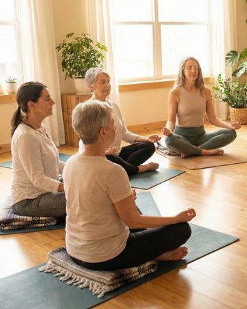 Eine Gruppe von acht Personen sitzt im Schneidersitz auf Yogamatten und meditiert in einem hellen Raum mit Pflanzen.