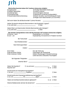 Formular zur Erfassung von Beschwerden und Allergien, einschließlich Fragen zu Symptomen, Kontakten und medizinischen Vorgeschichte.