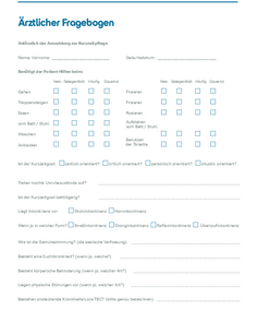 Ärztlicher Fragebogen zur Anmeldung für Kurzzeitpflege mit Feldern zur Unterstützung bei alltäglichen Aktivitäten und Gesundheitsfragen.
