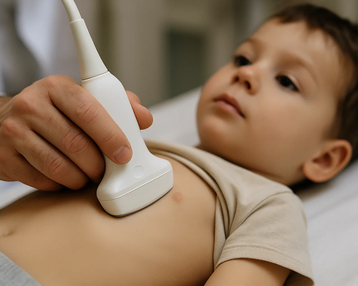 Ein Arzt führt einen Ultraschall an dem Bauch eines kleinen Jungen durch, der auf einer Liege liegt.