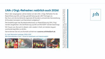 LNA-/OrgL-Refresher 2026: Informationen zur Rezertifizierung und Kursdetails für LNA und OrgL, einschließlich Kontaktinformationen.