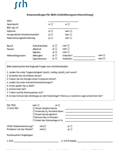 Anamnesebogen für SBAS (Schlafbezogene Atemstörung) mit Fragen zu Alter, Geschlecht, BMI und Schlafverhalten. Enthält medizinische Abfragen und Kontaktinformationen.