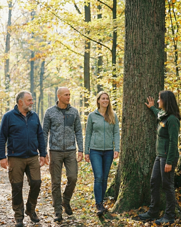 Vier Personen gehen auf einem Waldweg, während eine Frau an einem Baum steht und mit den anderen spricht. Herbstliche Umgebung mit buntem Laub.