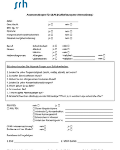 Anamnesebogen für SBAS (Schlafbezogene Atemstörung) mit Fragen zu Alter, Geschlecht, BMI und Schlafverhalten. Enthält auch Angaben zu Diagnosen und Behandlungen.