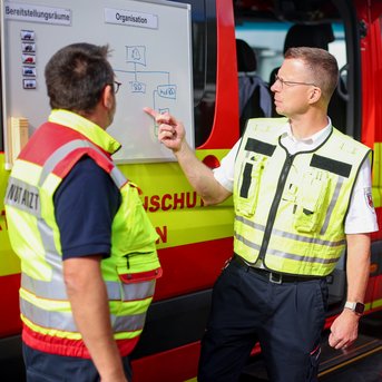 Zwei Einsatzkräfte besprechen eine Organisationsstruktur an einem Fahrzeug, während sie auf ein Diagramm auf einem Bildschirm zeigen.