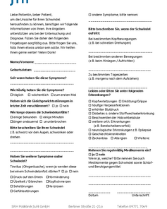 Fragebogen zur Erfassung von Schwindelsymptomen, einschließlich persönlicher Daten, Symptombeschreibung und Medikamenteneinnahme.