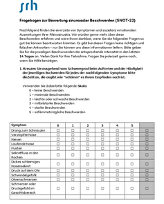 Fragebogen zur Bewertung von sinusalen Beschwerden (SNOT-22) mit Symptomen und Bewertungsfeldern. Enthält Platz für ID und Datum.