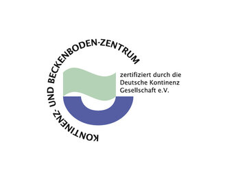 Zertifizierungssiegel des Kontinenz- und Beckenboden-Zentrums, das die Anerkennung durch die Deutsche Kontinenz Gesellschaft e.V. zeigt. Das Design umfasst eine stilisierte Welle in Grün und Blau.