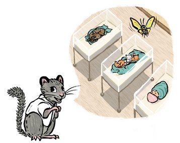 Eine Maus in einem weißen Kittel steht neben mehreren Betten mit verschiedenen Tieren, darunter eine Schildkröte, Katzen und ein Insekt.