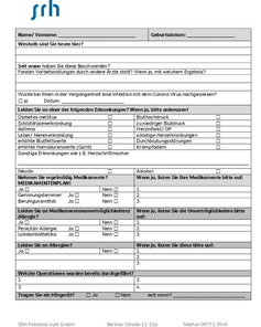 Formular zur Erfassung von Patientendaten, einschließlich persönlicher Informationen, medizinischer Vorgeschichte und aktuellen Beschwerden.