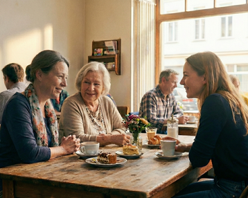 Drei Frauen sitzen an einem Tisch in einem Café, unterhalten sich und genießen Kaffee und Kuchen. Im Hintergrund sind weitere Gäste zu sehen.