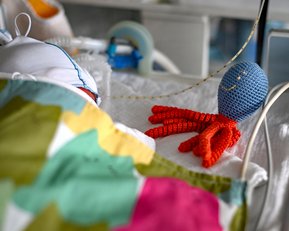 Ein Neugeborenes liegt unter einer bunten Decke, neben einem gehäkelten Oktopusspielzeug im Krankenhaus.
