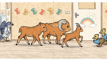 Eine Gruppe von Tieren, darunter ein Schaf, ein Zicklein und Entenküken, geht durch einen Flur mit bunten Schmetterlingen an den Wänden.