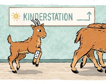 Eine Ziege mit einem Gipsverband an einem Bein läuft in Richtung eines Schildes mit der Aufschrift "KINDERSTATION".