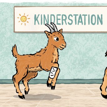 Eine Ziege mit einem Gipsverband an einem Bein läuft in Richtung eines Schildes mit der Aufschrift "KINDERSTATION".